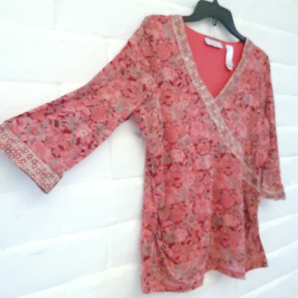 JH Collectibles Women's Large Nylon Mesh Stretch 3/4 Sleeves V-Neck Pink Gray - Picture 2 of 15